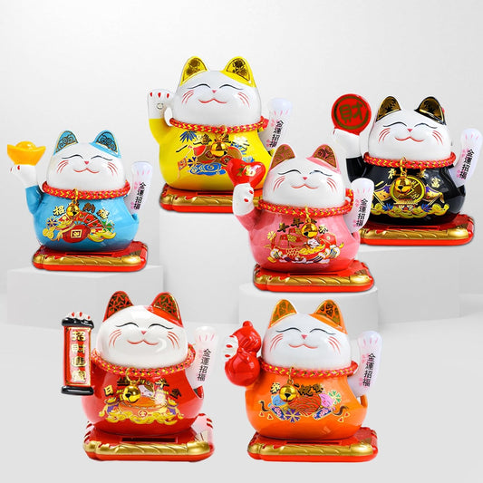 Magic Secret Solar Powered Japanese Lucky Fortune Maneki Neko Ceramic Cat White Waving Arm