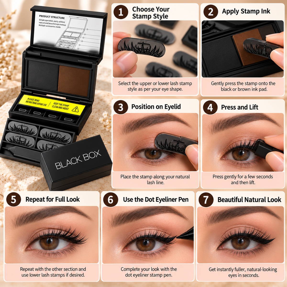 3-in-1 Eye Stamp Kit，Lower Lash & Eyeliner & Mole Mark, Black & Brown Ink